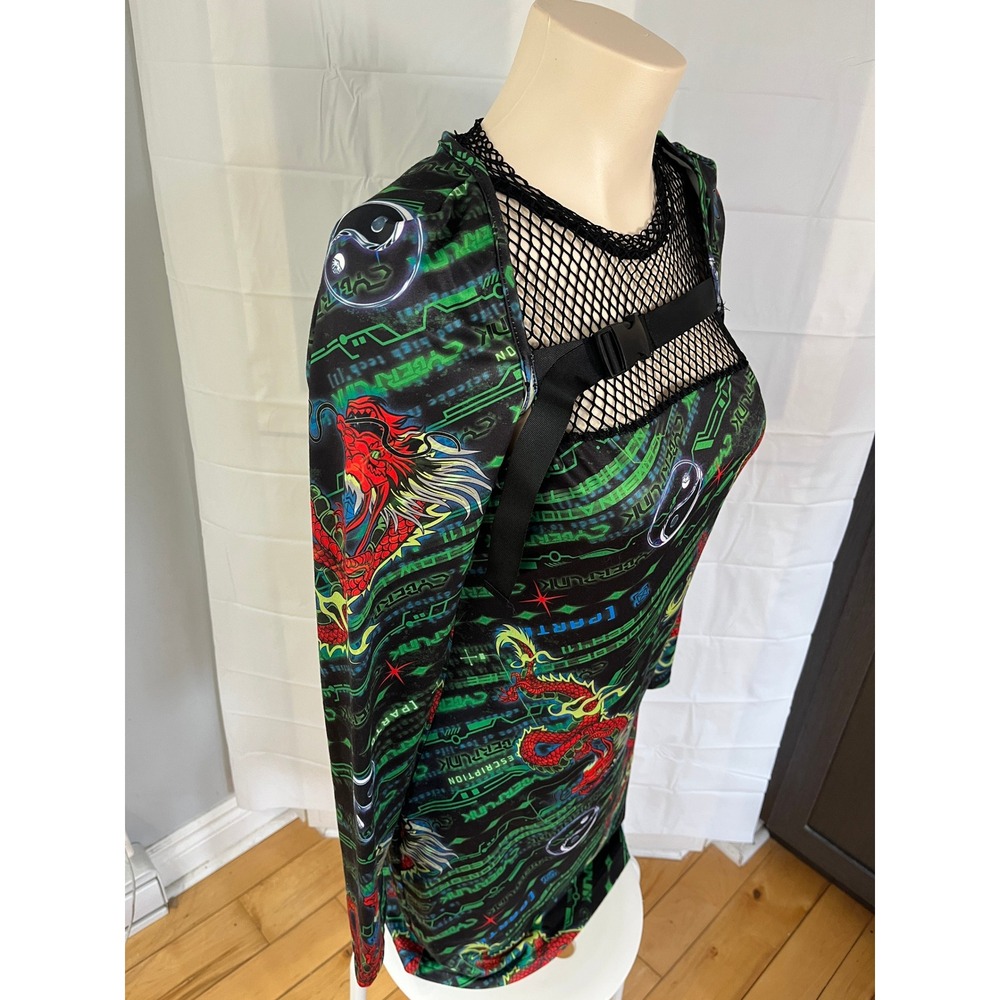 Cyberpunk Dragon Print Fishnet Buckle Mini Dress Black Green Large - Picture 2 of 7